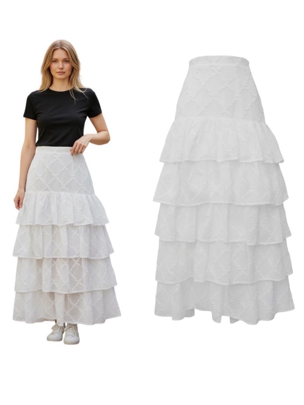 NWT Elliatt$258 Elania White Tiered Eyelet Maxi Skirt size Small